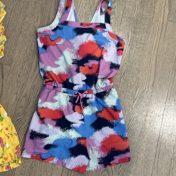 2 Girls's Peek & All In Motion size 8, Yellow Ruffle Floral & Purple Rompers - Picture 3 of 9